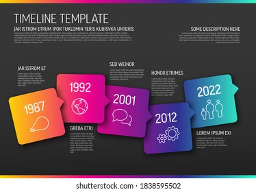 Vektor Infografische horizontale Timeline-Vorlage aus Pfeilquadratischen Blasen und Symbolen - Version mit dunklem Farbverlauf