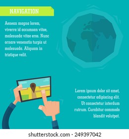 Vector infographic illustration navigation via tablet in flat cartoon style