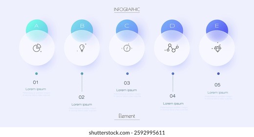 Vector Infographic, infograph template, Glass morphism effect design, Infographics 5 steps or option for business concept, timeline process, chart, scheme presentation, workflow, banner, diagram