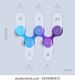 Vector Infographic, infograph template, Glass morphism effect design, Infographics 5 steps or option for business concept, timeline process, chart, scheme presentation, workflow, banner, diagram
