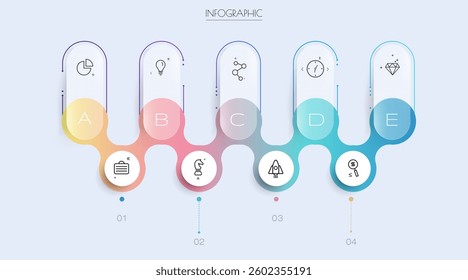 Vector Infographic, infograph template, Glass morphism effect design, Infographics 5 steps or option for business concept, timeline process, chart, scheme presentation, workflow, banner, diagram