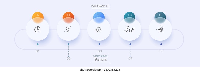 Vector Infographic, infograph template, Glass morphism effect design, Infographics 5 steps or option for business concept, timeline process, chart, scheme presentation, workflow, banner, diagram