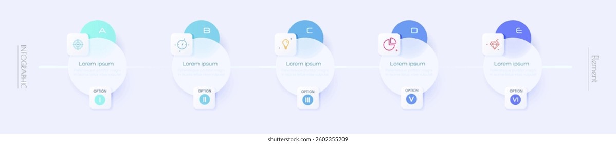 Vector Infographic, infograph template, Glass morphism effect design, Infographics 5 steps or option for business concept, timeline process, chart, scheme presentation, workflow, banner, diagram