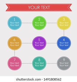 Vector Infographic label design 9 steps. Infographics for business concept. Can be used for presentations banner, workflow layout, process diagram, flow chart, info graph