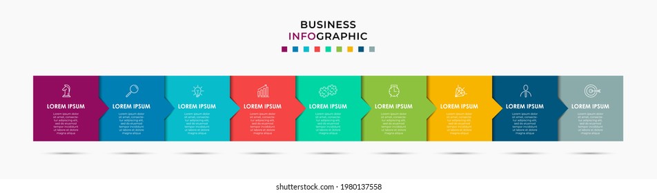 Vector Infografik Label Design Business Template mit Symbolen und 9 Optionen oder Schritten. Kann für Prozessdiagramm, Präsentationen, Workflow-Layout, Banner, Flussdiagramm, Info-Graphen verwendet werden