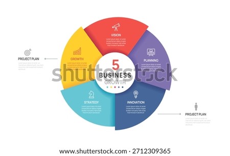 Vector infographic label design with business circle infographic template design 5 options steps. Can be used for process diagram, workflow layout, banner, flow chart presentations.