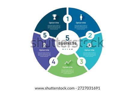 Vector infographic label design and business circle infographic template design 5 options. Can be used for process diagram, workflow layout, banner, flow chart presentations.