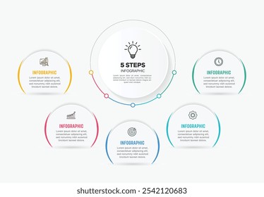 Design de rótulo infográfico vetorial com design de modelo infográfico circular e 4-5-6 opções ou etapas. Pode ser usado para diagrama de processo, apresentações, layout de fluxo de trabalho, banner, fluxograma, gráfico de informações.