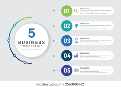 Vector infographic label design with circle infographic template design and 5 options or steps. Can be used for process diagram, presentations, workflow layout, banner, flow chart, info graph.