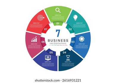 Vector infographic label design with circle infographic template design and 7 options or steps. Can be used for process diagram, presentations, workflow layout, banner, flow chart, info graph.