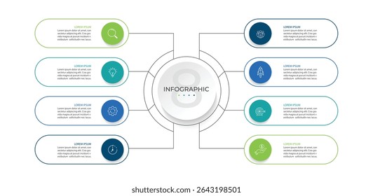 Vector infographic label design with circle infographic template design and 8 options or steps. Can be used for process diagrams, presentations, workflows