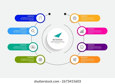 Design de rótulo infográfico vetorial com design de modelo infográfico circular e 8 opções ou etapas. Pode ser usado para diagramas de processos, apresentações, fluxos de trabalho