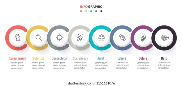 Vector Infographic label design with circles and 8 options or steps. Infographics for business concept. Can be used for presentations banner, workflow layout, process diagram, flow chart, info graph