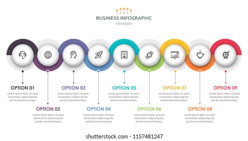 Vector Infographic label design with circles and 9 options or steps. Infographics for business concept. Can be used for presentations banner, workflow layout, process diagram, flow chart, info graph