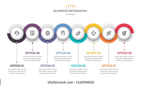 Vector Infographic label design with circles and 8 options or steps. Infographics for business concept. Can be used for presentations banner, workflow layout, process diagram, flow chart, info graph