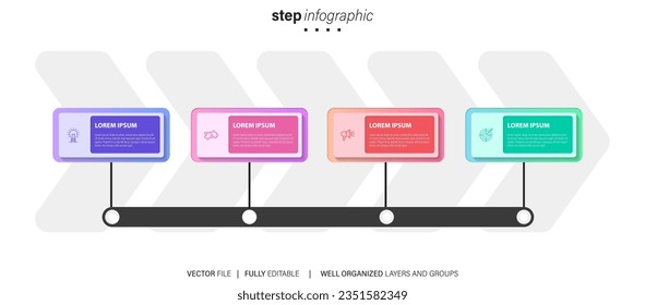 Concepto de diseño de etiquetas de infografía vectorial con diseño de círculo e iconos de marketing con 4 pasos o opciones.