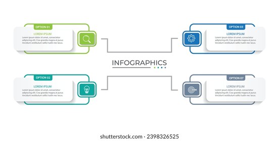 Concepto de diseño de etiquetas de infografía vectorial con diseño cuadrado e iconos de marketing con 4 pasos o opciones.