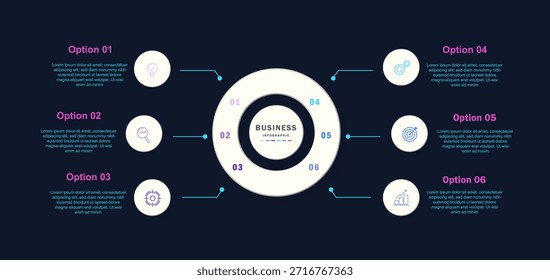 Vector infographic label design featuring a circular infographic template with 8 options or steps. Ideal for process diagrams, business presentations, workflows, timelines, marketing reports, and data visualization on dark background
