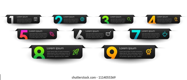 Vektorillustration Infografik Etikettendesign mit Symbolen und 9 Optionen oder Schritten. Infografiken für das Geschäftskonzept. Kann für Präsentationen verwendet werden Banner, Workflow-Layout, Prozessdiagramm, Flussdiagramm, Infografik