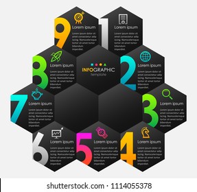 Vector Infographic label design with icons and 9 options or steps. Infographics for business concept. Can be used for presentations banner, workflow layout, process diagram, flow chart, info graph