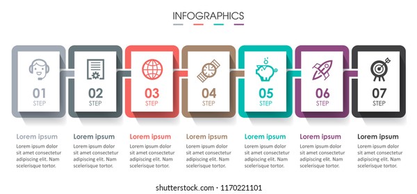 Diseño de etiquetas Vector Infographic con iconos y 7 opciones o pasos. Infografía para el concepto de negocio. Se puede utilizar para presentaciones banner, diseño de flujo de trabajo, diagrama de procesos, diagrama de flujo, gráfico de información