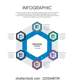 Diseño de etiquetas de infografía vectorial con iconos. Diagrama de flujo de concepto de negocio, diagrama, morfismo, gráfico 3D