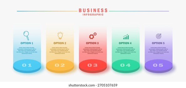 Vector infografía diseño de etiquetas con iconos y 5 opciones. Adecuado para diagramas de procesos, presentaciones, diseños de flujos de trabajo, Anuncios, diagramas de flujo e infografías comerciales.