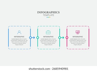 Design de rótulo infográfico vetorial com quadrado e setas. Conceito de negócios com 3 opções ou etapas. Pode ser usado para diagrama de fluxo de trabalho, gráfico de informações, web design.