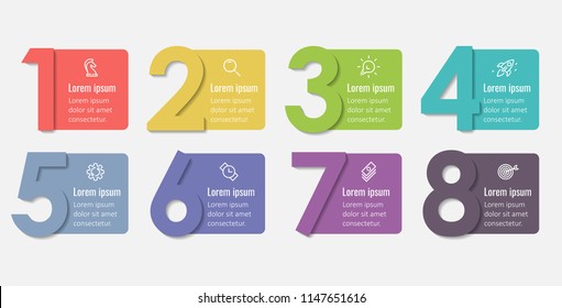 Vector Infographic label design template with icons and 8 options or steps.  Can be used for process diagram, presentations, workflow layout, banner, flow chart, info graph.