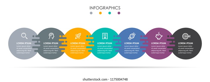 Vector Infographic Label Design Template With Icons And 7 Options Or Steps.  Can Be Used For Process Diagram, Presentations, Workflow Layout, Banner, Flow Chart, Info Graph.