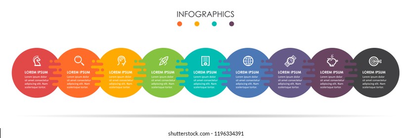 Vector Infographic label design template with icons and 9 options or steps.  Can be used for process diagram, presentations, workflow layout, banner, flow chart, info graph.