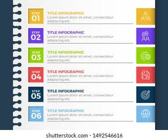 Vector Infographic label design template with icons and 6 options or steps in paper style. Vector illustration