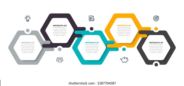 Vector infographic label design template with modern hexagon layout. Business concept with 5 steps, options.