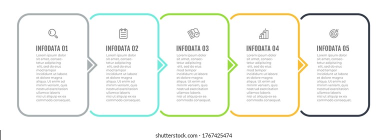 Plantilla de diseño de etiquetas de vectores Infografía con iconos de flecha y marketing. Concepto de negocio con 5 opciones o pasos.
