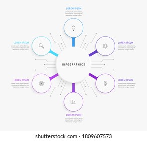 Design-Vorlage für Vektorgrafiken mit Symbolen und 6 Optionen oder Schritten. Kann für Prozessdiagramm, Präsentationen, Workflow-Layout, Banner, Flussdiagramm, Infografik verwendet werden.