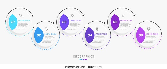 Plantilla de diseño de etiquetas de vectores Infografía con iconos y 6 opciones o pasos. Se puede utilizar para el diagrama de procesos, presentaciones, diseño de flujo de trabajo, banner, diagrama de flujo, gráfico de información.