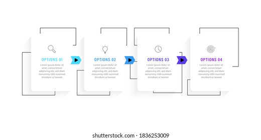 Plantilla de diseño de etiquetas de vectores Infográficos con iconos y 4 opciones o pasos. Se puede utilizar para el diagrama de procesos, presentaciones, diseño de flujo de trabajo, banner, diagrama de flujo, gráfico de información.