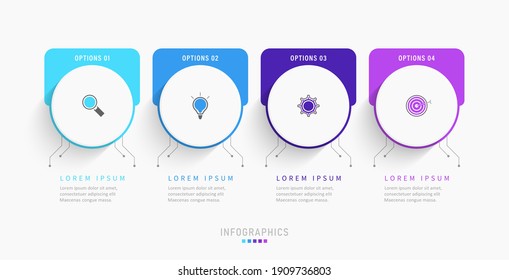 Plantilla de diseño de etiquetas de vectores Infográficos con iconos y 4 opciones o pasos. Se puede utilizar para el diagrama de procesos, presentaciones, diseño de flujo de trabajo, banner, diagrama de flujo, gráfico de información.