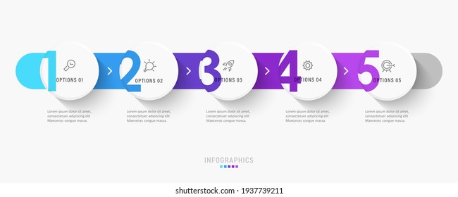Plantilla de diseño de etiquetas de vectores Infográficos con iconos y 5 opciones o pasos. Se puede utilizar para el diagrama de procesos, presentaciones, diseño de flujo de trabajo, banner, diagrama de flujo, gráfico de información.