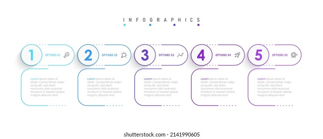 Plantilla de diseño de etiquetas de vectores Infográficos con iconos y 5 opciones o pasos. Se puede utilizar para el diagrama de procesos, presentaciones, diseño de flujo de trabajo, banner, diagrama de flujo, gráfico de información.