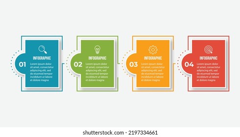 Design-Vorlage für Vektorgrafiken mit Symbolen und 4 Optionen oder Schritten. Kann für Prozessdiagramm, Präsentationen, Workflow-Layout, Banner, Flussdiagramm, Infografik verwendet werden.