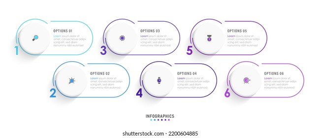 Plantilla de diseño de etiquetas de vectores Infografía con iconos y 6 opciones o pasos. Se puede utilizar para el diagrama de procesos, presentaciones, diseño de flujo de trabajo, banner, diagrama de flujo, gráfico de información.