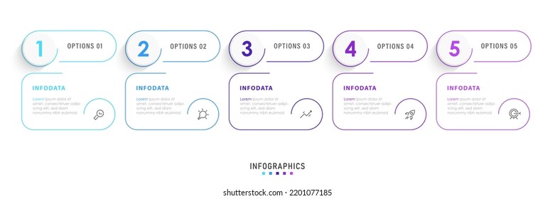 Plantilla de diseño de etiquetas de vectores Infográficos con iconos y 5 opciones o pasos. Se puede utilizar para el diagrama de procesos, presentaciones, diseño de flujo de trabajo, banner, diagrama de flujo, gráfico de información.