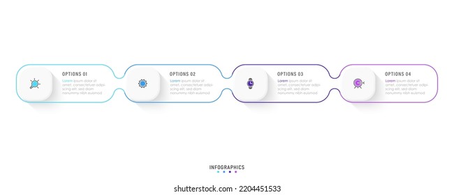 Design-Vorlage für Vektorgrafiken mit Symbolen und 4 Optionen oder Schritten. Kann für Prozessdiagramm, Präsentationen, Workflow-Layout, Banner, Flussdiagramm, Infografik verwendet werden.