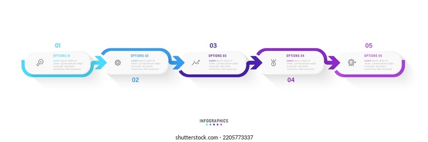 Plantilla de diseño de etiquetas de vectores Infográficos con iconos y 5 opciones o pasos. Se puede utilizar para el diagrama de procesos, presentaciones, diseño de flujo de trabajo, banner, diagrama de flujo, gráfico de información.