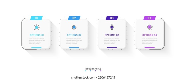 Plantilla de diseño de etiquetas de vectores Infográficos con iconos y 4 opciones o pasos. Se puede utilizar para el diagrama de procesos, presentaciones, diseño de flujo de trabajo, banner, diagrama de flujo, gráfico de información.