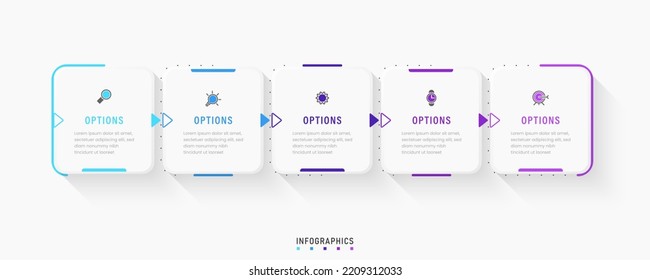 Plantilla de diseño de etiquetas de vectores Infográficos con iconos y 5 opciones o pasos. Se puede utilizar para el diagrama de procesos, presentaciones, diseño de flujo de trabajo, banner, diagrama de flujo, gráfico de información.