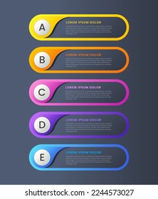 Vector Infographic label design template with icons and 5 options or steps. Can be used for process diagram, presentations, workflow layout, banner, flow chart, info graph, colorful, dark background