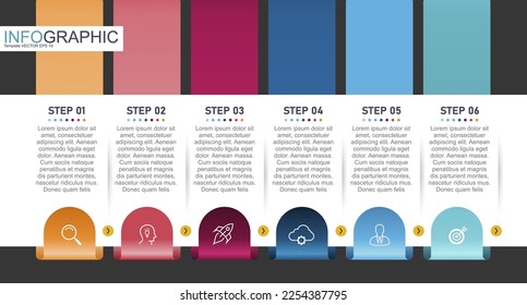 Vektorgrafik-Etikettendesign-Vorlage mit Symbolen und 6 Optionen oder Schritten. kann für Prozessdiagramme, Präsentationen, Workflow-Layouts, Banner, Flussdiagramme, Datengraphen verwendet werden.