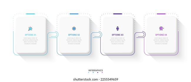 Plantilla de diseño de etiquetas de vectores Infográficos con iconos y 4 opciones o pasos. Se puede utilizar para el diagrama de procesos, presentaciones, diseño de flujo de trabajo, banner, diagrama de flujo, gráfico de información.